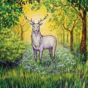 View the Картина оригинал холст натянутый на подрамник акрил дух леса белый олень на фоне сияющего через лес солнца