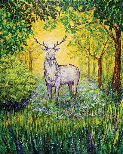 Картина оригинал холст натянутый на подрамник акрил дух леса белый олень на фоне сияющего через лес солнца