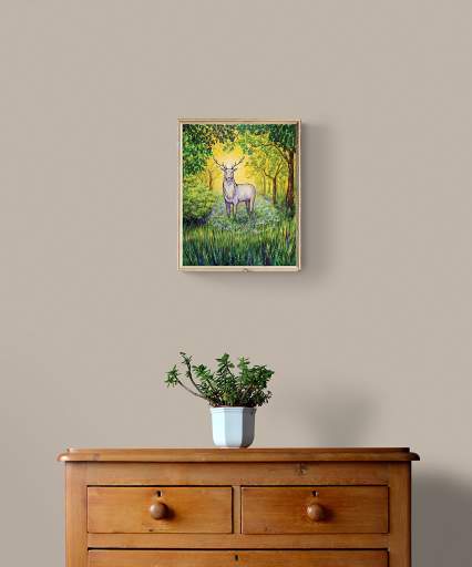 Картина на стене дух леса олень комод с цветком интерьер помещения световая энергетическая картина